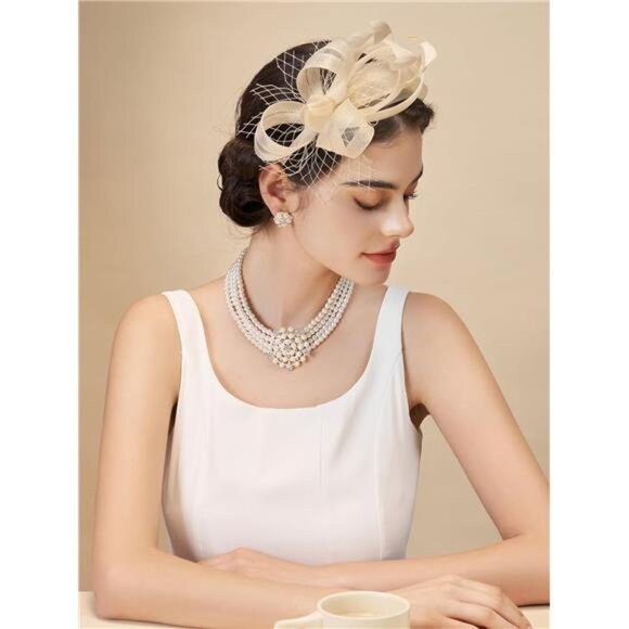 Fascinators Headband with Feather, Khaki